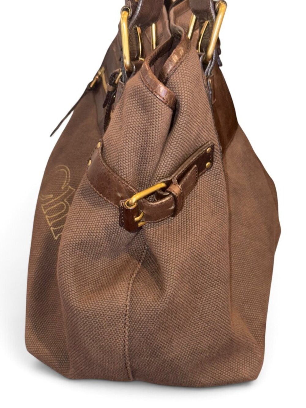 Chloé Large Brown Canvas & Leather Tote Bag With Gold Accents Spacious Design & - Picture 5 of 10